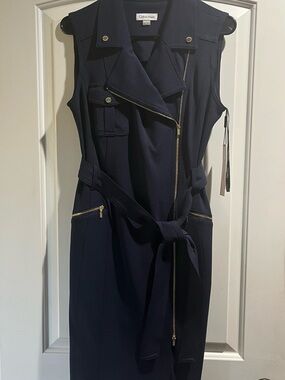 Calvin Klein Navy Sleeveless Zip-Front Belted Midi Dress with Gold Hardware